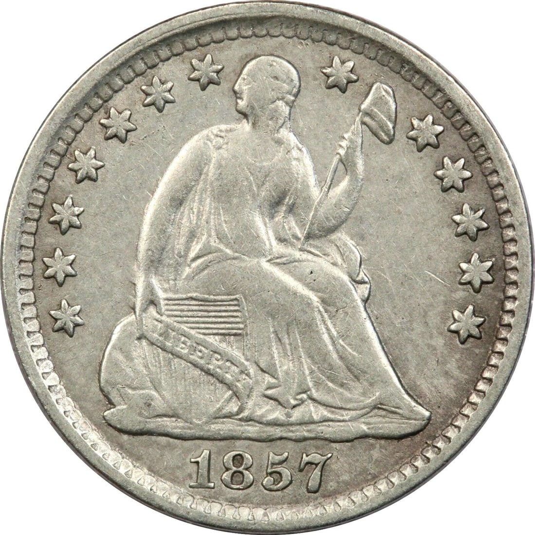 1857 SEATED LIBERTY HALF DIME H10C, ABOUT UNCIRCULATED AU: 1857 SEATED LIBERTY HALF DIME H10C, ABOUT UNCIRCULATED AU 1857 Seated Liberty Half Dime H10C, About Uncirculated AU THE ITEM(S) IN THE PHOTO(S) IS THE EXACT ITEM(S) YOU WILL RECEIVE!