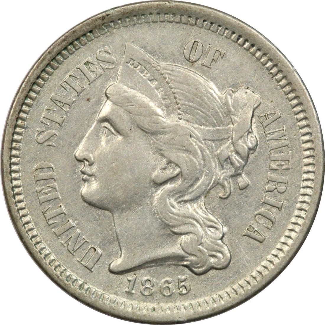 1865 THREE CENT NICKEL 3CN, ABOUT UNCIRCULATED AU (1 of 2)