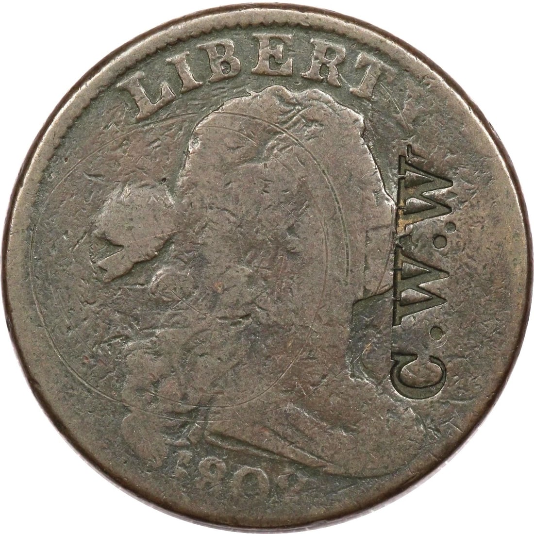 1802 DRAPED BUST LARGE CENT 1C, COUNTERSTAMPED "C.W.W.", GOOD G (1 of 2)