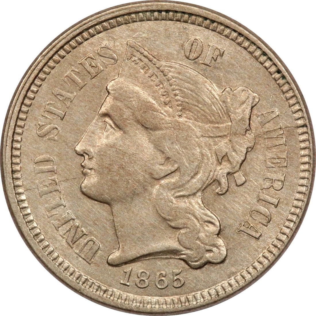 1865 THREE CENT NICKEL 3CN, ABOUT UNCIRCULATED AU, CLEANED (1 of 2)