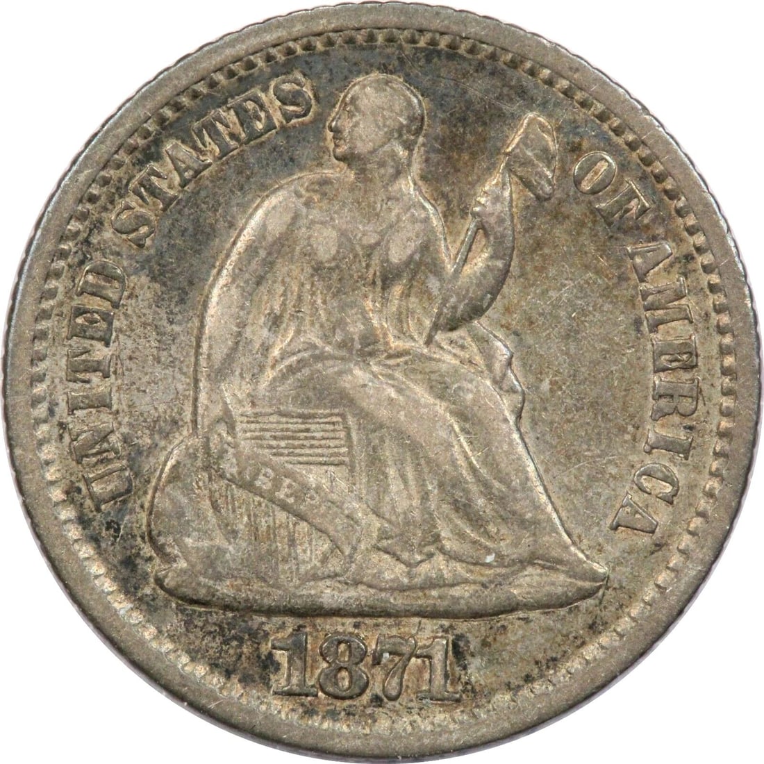 1871 SEATED LIBERTY HALF DIME H10C, EXTREMELY FINE XF+, ORIGINAL PATINA (1 of 2)