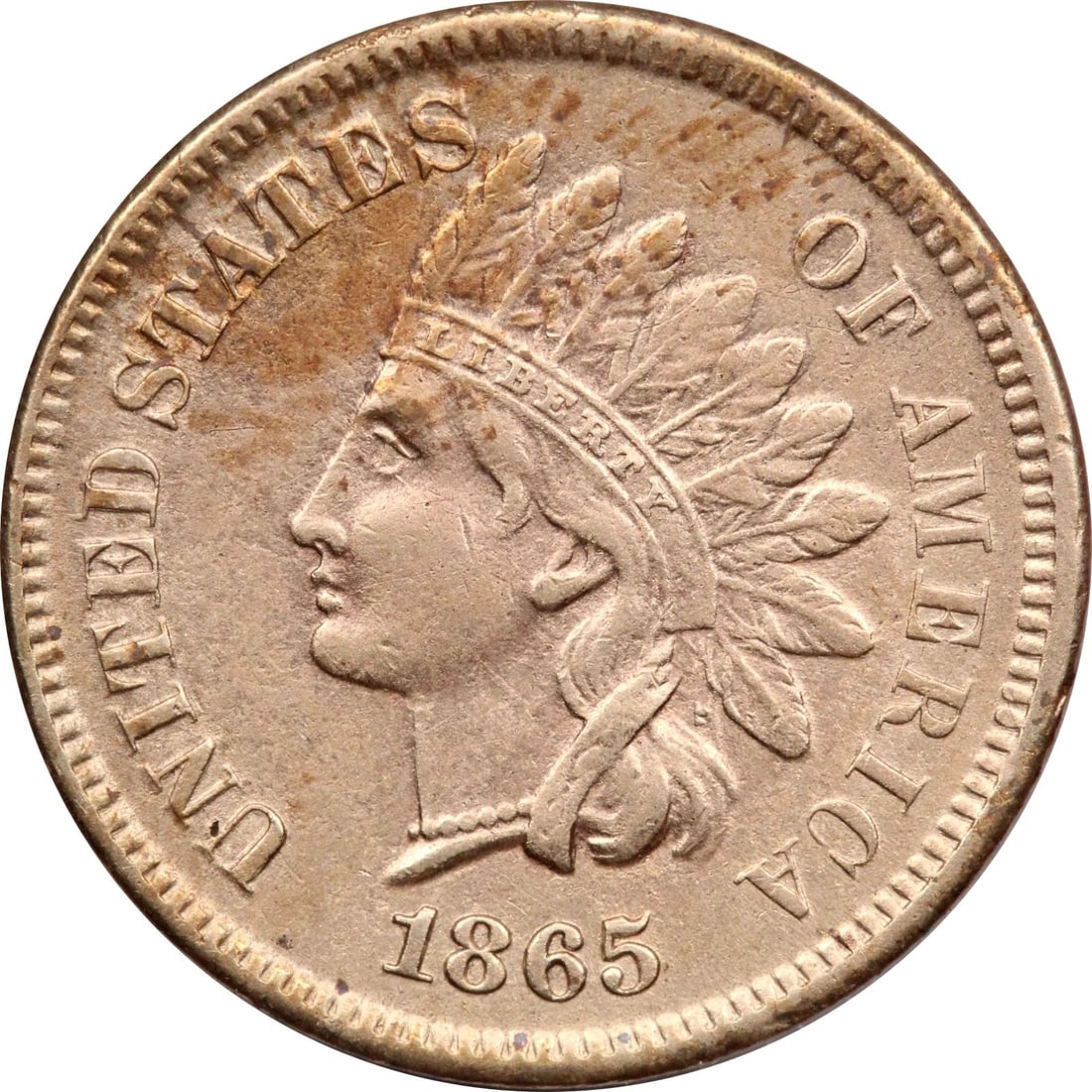 1865 INDIAN HEAD CENT 1C, ABOUT UNCIRCULATED AU, CLEANED (1 of 2)