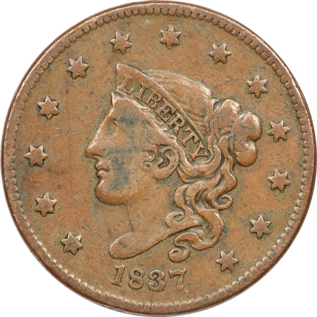 1837 CORONET HEAD LARGE CENT 1C, VERY FINE VF+ (1 of 2)