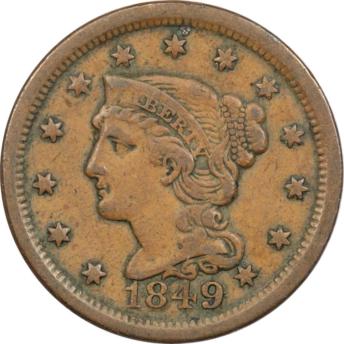 1849 BRAIDED HAIR LARGE CENT 1C, EXTREMELY FINE XF (1 of 2)