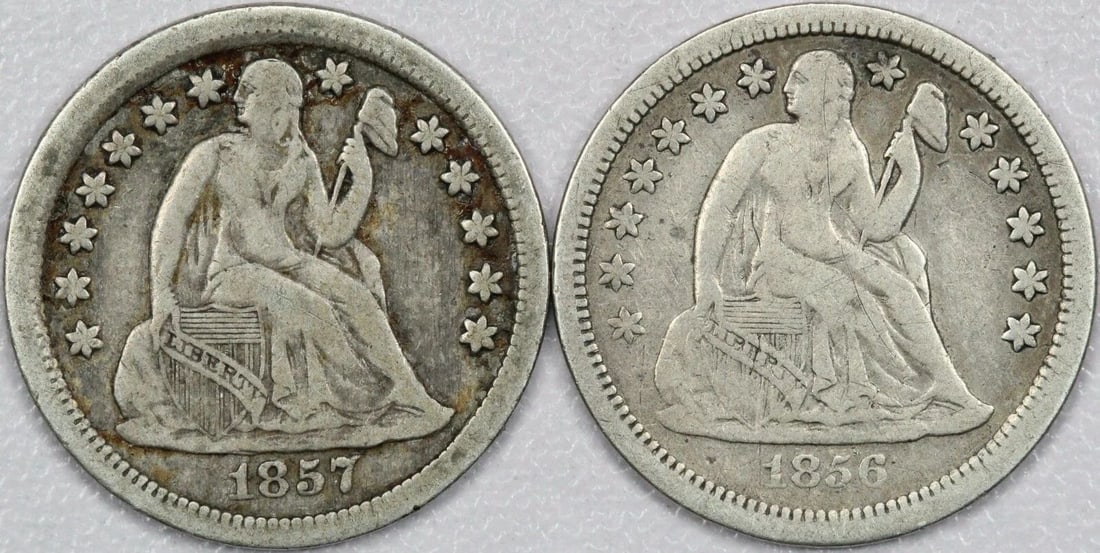 1856 & 1857 SEATED LIBERTY DIMES 10C, FINE F CONDITION, 2 COINS TOTAL (1 of 2)