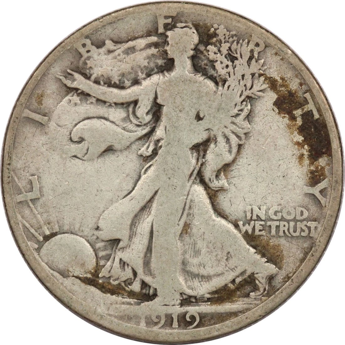 1919-D WALKING LIBERTY HALF DOLLAR 50C, VERY GOOD VG, FULL DATE!: 1919-D WALKING LIBERTY HALF DOLLAR 50C, VERY GOOD VG, FULL DATE! 1919-D Walking Liberty Half Dollar 50C, Very Good VG, FULL DATE! THE ITEM(S) IN THE PHOTO(S) IS THE EXACT ITEM(S) YOU WILL RECEIVE!