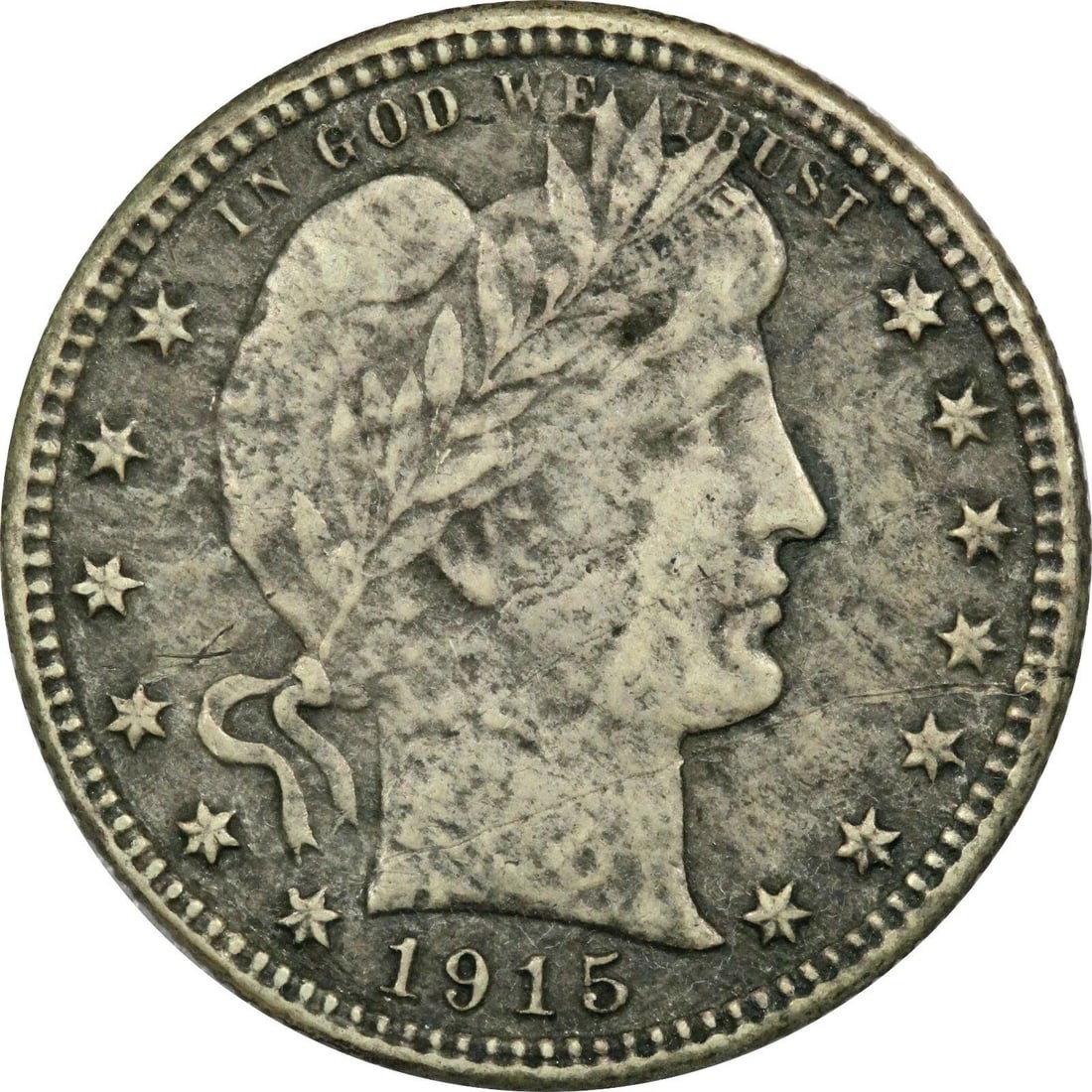 1915-S BARBER QUARTER 25C, VERY FINE VF+, ENVIRONMENTAL DAMAGE (1 of 2)