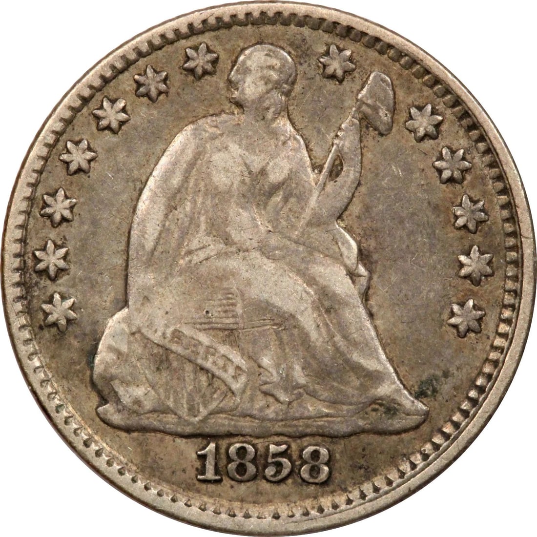 1858 SEATED LIBERTY HALF DIME H10C, EXTREMELY FINE XF (1 of 2)