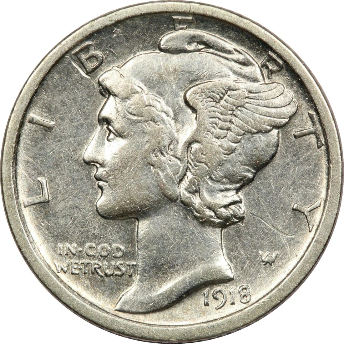 1918-S MERCURY DIME 10C, XF/AU CONDITION (1 of 2)