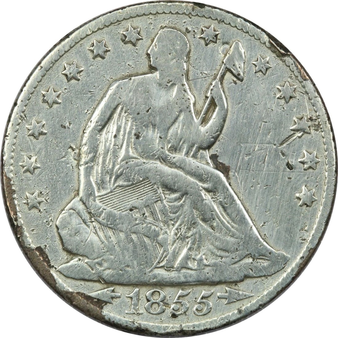 1855-O ARROWS SEATED LIBERTY HALF DOLLAR 50C, VERY GOOD VG, DAMAGED (1 of 2)