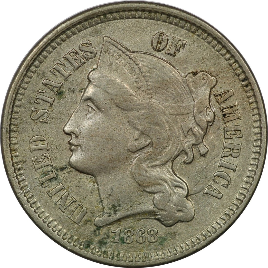 1868 THREE CENT NICKEL 3CN, ABOUT UNCIRCULATED AU. MINOR STAINS (1 of 2)