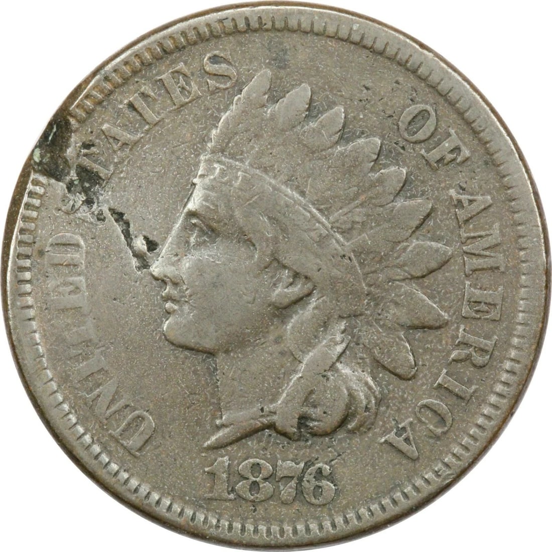 1876 INDIAN HEAD CENT 1C, VERY FINE VF, DAMAGED (1 of 2)