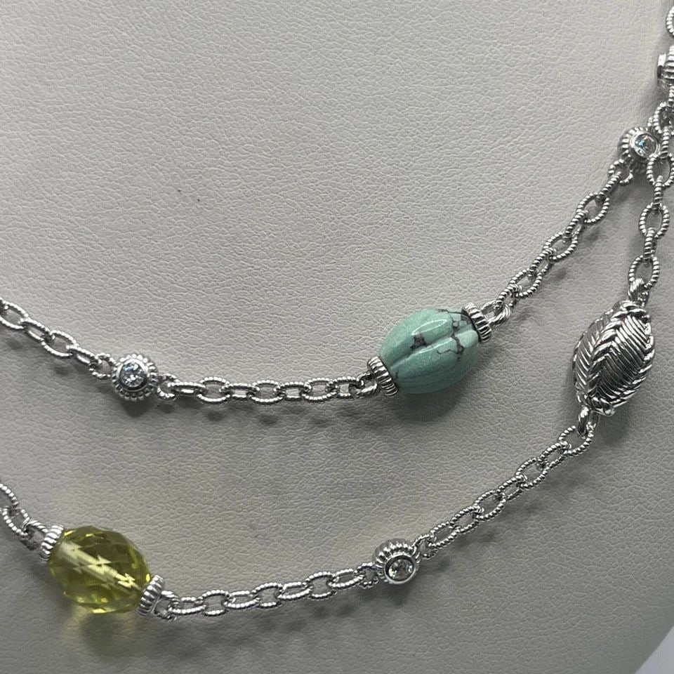 JUDITH RIPKA STERLING SILVER GREEN TURQUOISE & LEMON QUARTZ STATION NECKLACE 36" (1 of 1)