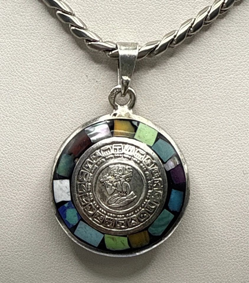 SERLING SILVER OPAL INLAY AZTEC CALENDAR PENDANT ON 20" STERLING SILVER CHAIN (1 of 1)