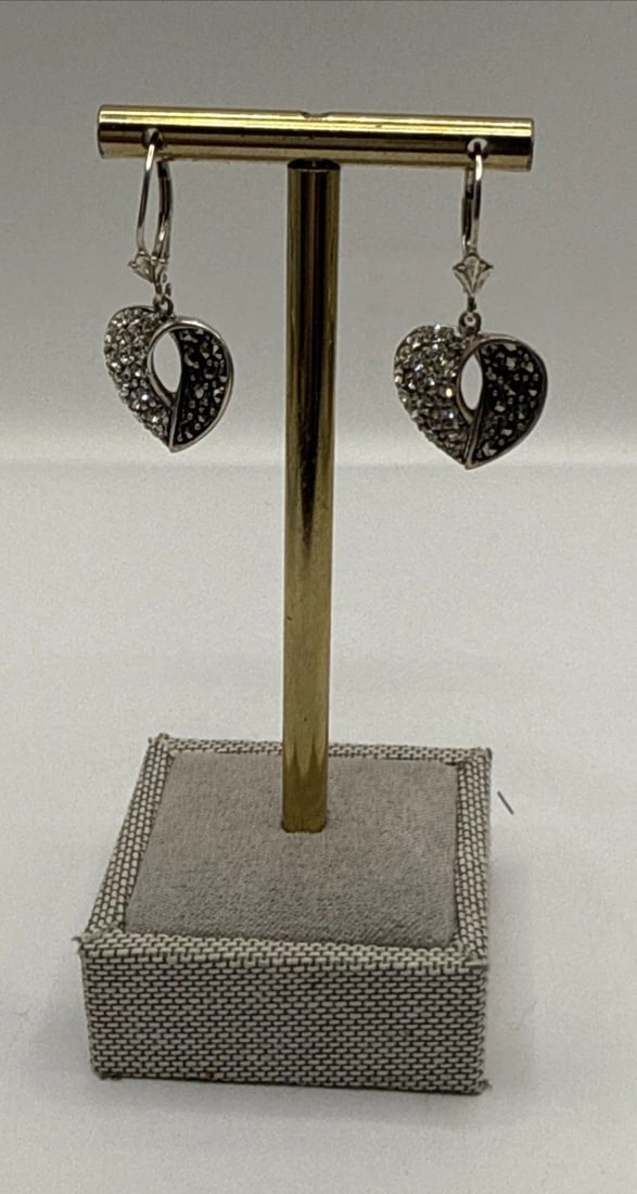 STERLING SILVER, MARCASITE & CUBIC ZIRCONIA HEART DANGLE EARINGS (1 of 1)