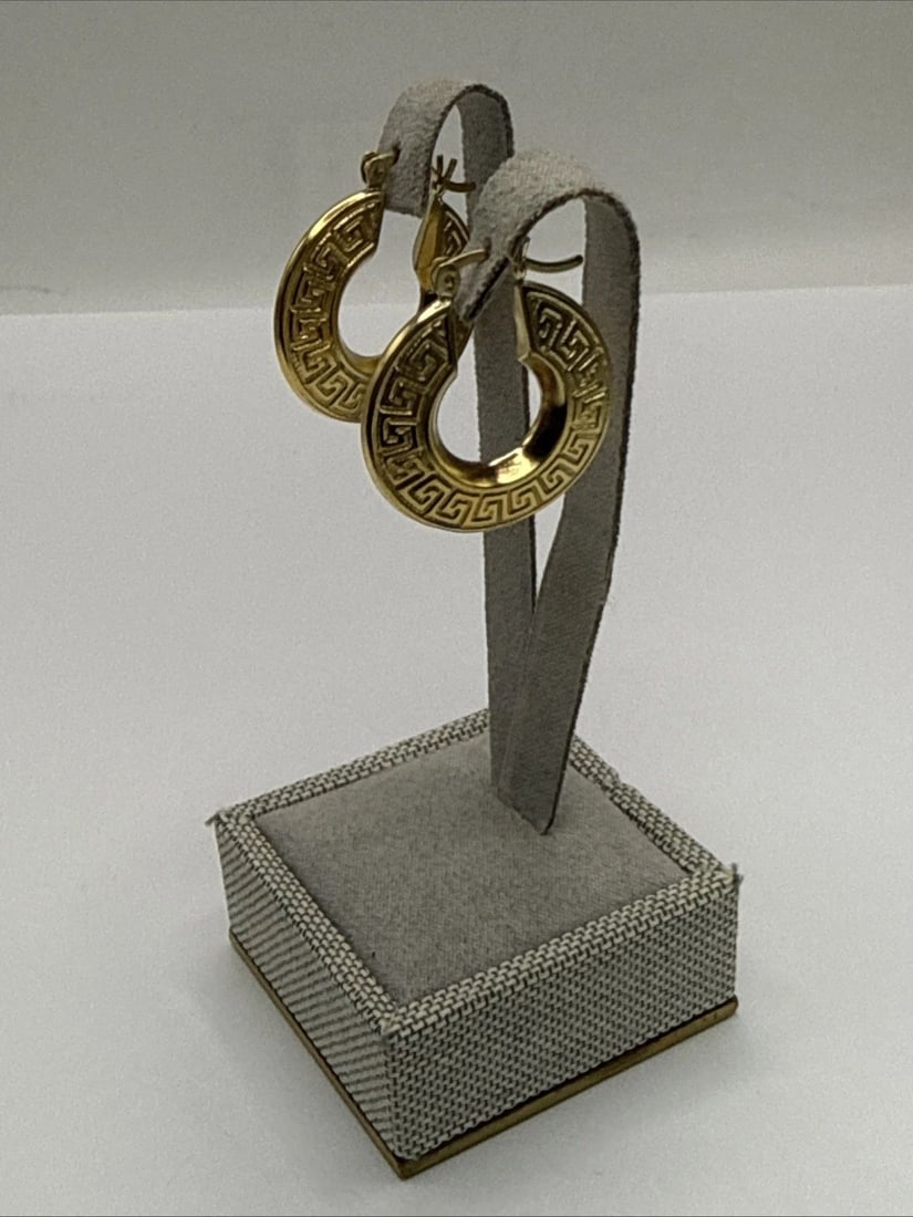 GOLD COLOR STERLING SILVER GREEK KEY HOOP EARRINGS 3.0 GRAMS: GOLD COLOR STERLING SILVER GREEK KEY HOOP EARRINGS 3.0 GRAMS These Gold Color Sterling Silver Greek Key Hoop Earrings are a stylish and elegant jewelry piece. Made from high-quality 925 sterling