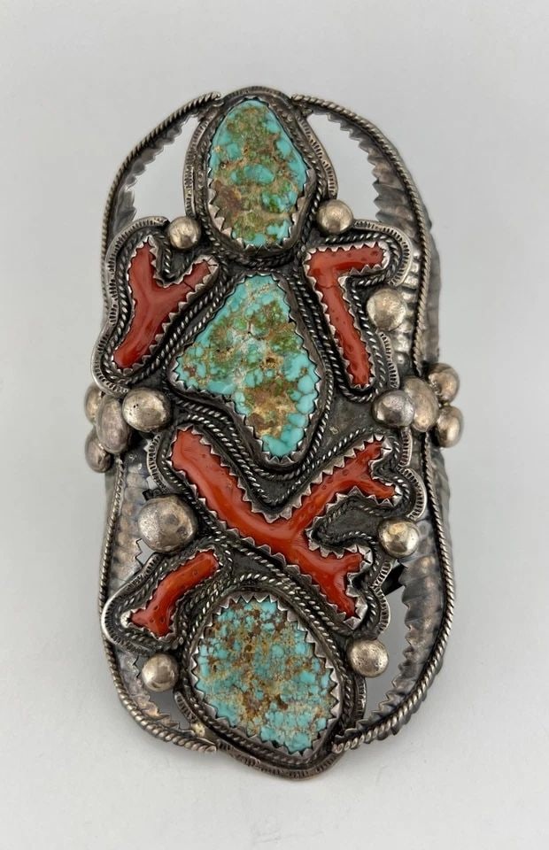 5.25" DAN SIMPLICIO ZUNI STERLING SILVER TURQUOISE & CORAL CUFF BRACELET 241.5G (1 of 2)