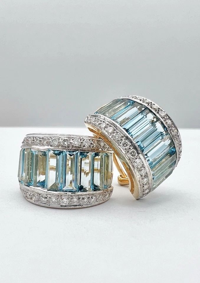 18K YELLOW GOLD BAGUETTE LONDON BLUE TOPAZ & DIAMOND OMEGA BACK HOOP EARRINGS (1 of 2)