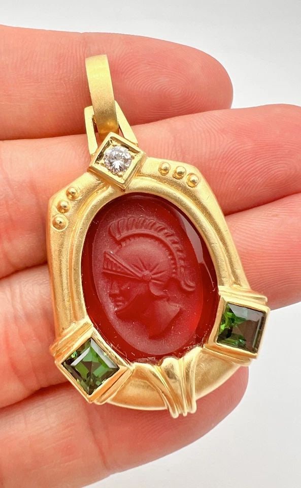 DESIGNER 18K YELLOW GOLD ETRUSCAN TOURMALINE & DIAMOND & AGATE INTAGLIO PENDANT (1 of 2)