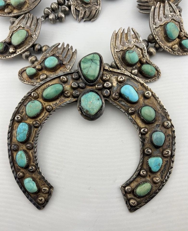 MASSIVE 513.5G NAVAJO STERLING TURQUOISE BEAR CLAW SQUASH BLOSSOM NECKLACE 27.5" (1 of 2)