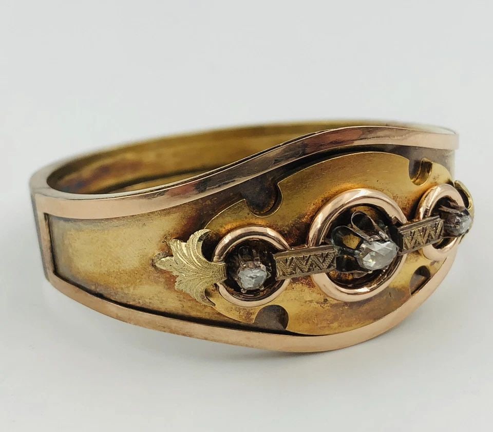 VICTORIAN FRENCH ETRUSCAN 14K GOLD & ROSE CUT DIAMOND HINGED BANGLE BRACELET (1 of 2)