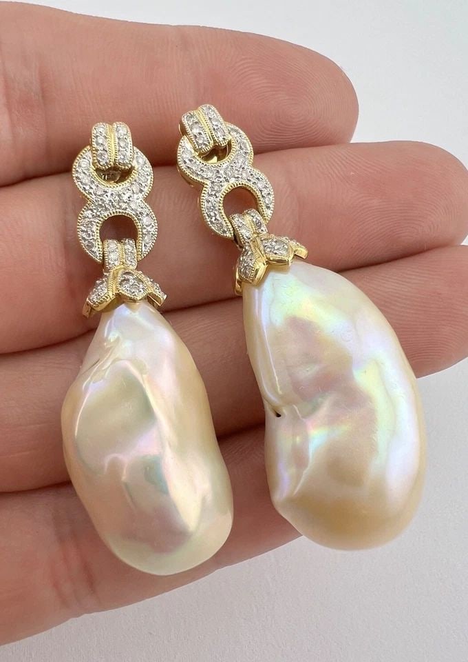 MASSIVE 18K YELLOW GOLD SOUTH SEA BAROQUE PEARLS & DIAMOND DANGLE POST EARRINGS (1 of 2)
