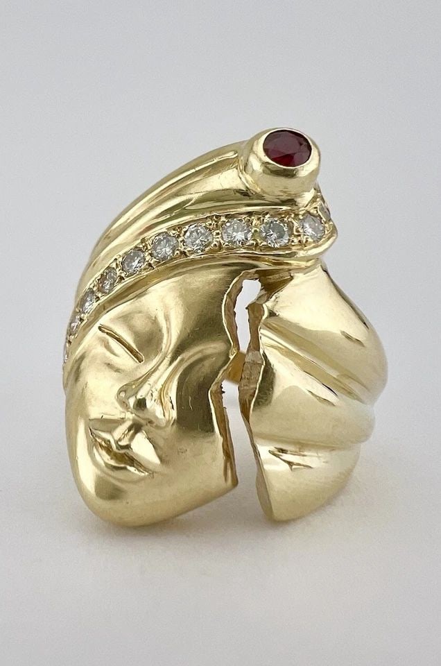 14K YELLOW GOLD PHANTOM OF THE OPERA 3D MASQUERADE FACE MASK DIAMOND & RUBY RING (1 of 2)