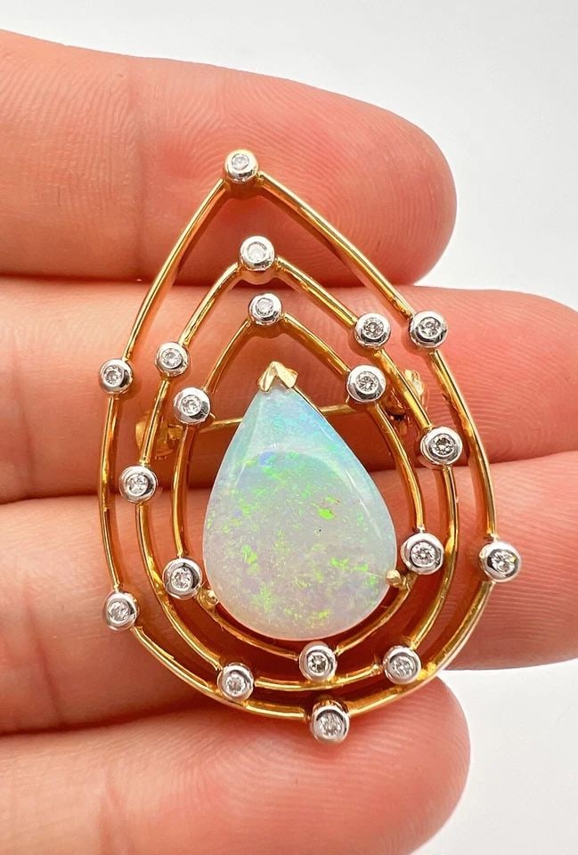 DESIGNER TAJ 18K YELLOW GOLD 3.19TCW AUSTRALIAN FIRE OPAL & DIAMOND PIN BROOCH (1 of 2)