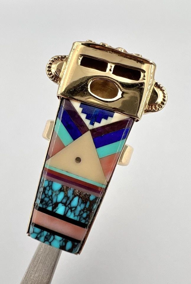 RARE ZUNI 14K YELLOW GOLD WEBBED TURQUOISE & CORAL & LAPIS YEI KACHINA RING 1.5": RARE ZUNI 14K YELLOW GOLD WEBBED TURQUOISE & CORAL & LAPIS YEI KACHINA RING 1.5" RARE Zuni 14k Yellow Gold Webbed Turquoise & Coral & Lapis Yei Kachina Ring 1.5" Size: 1 1/2" Tall & About 1" At Its Wi