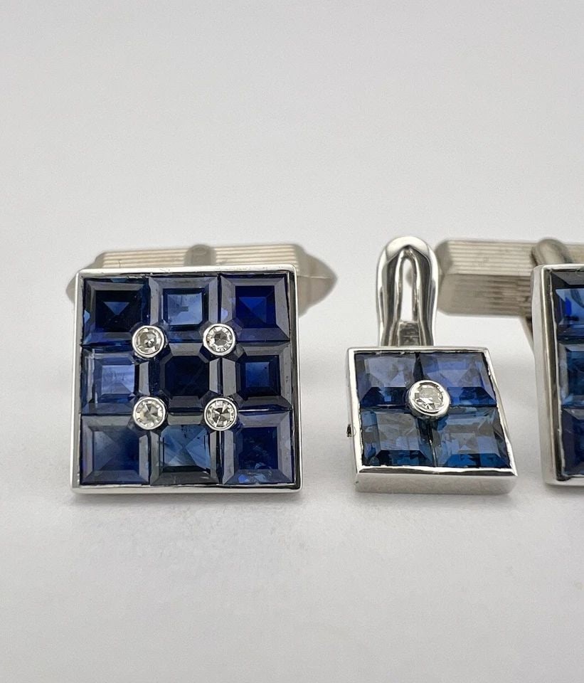 VINTAGE 18K WHITE GOLD 3.78TCW INVISIBLE SET SAPPHIRE & DIAMOND STUD & CUFFLINKS (1 of 2)