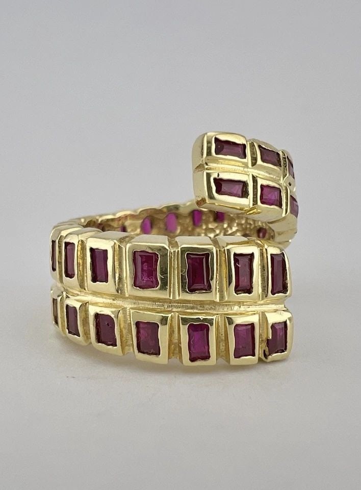 DESIGNER 18K YELLOW GOLD NATURAL BEZEL SET BAGUETTE RUBY ETERNITY BYPASS RING (1 of 2)