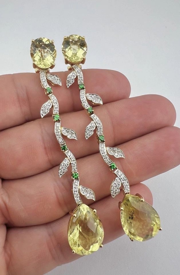 18K YELLOW GOLD TSAVORITE DIAMOND LEMON QUARTZ OMEGA BACK DANGLE EARRINGS 3 1/8" (1 of 2)