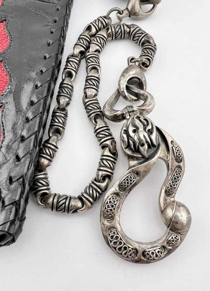 DENIS POLLICINO LT STERLING SILVER FLAMES BIKER WALLET CHAIN LEATHER STINGRAY (1 of 2)