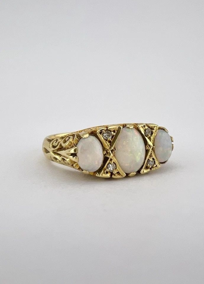 ANTIQUE ENGLISH VICTORIAN 18K YELLOW GOLD FIRE OPAL - OLD CUT DIAMOND GYPSY RING: ANTIQUE ENGLISH VICTORIAN 18K YELLOW GOLD FIRE OPAL - OLD CUT DIAMOND GYPSY RING Antique English Victorian 18K Yellow Gold Fire Opal & Old Cut Diamond Gypsy Ring Ring Size: 5.5 - Can Be Resized Weight