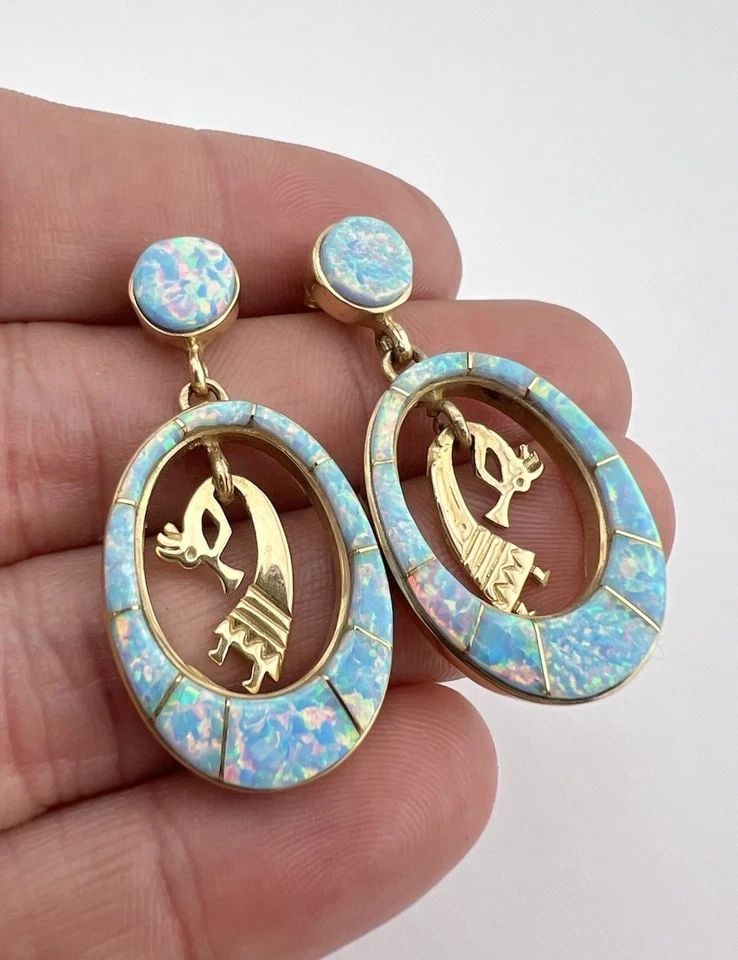 RICK TOLINO NAVAJO 14K YELLOW GOLD FLUSH FIRE OPAL KOKOPELLI DANGLE EARRINGS 15G (1 of 2)