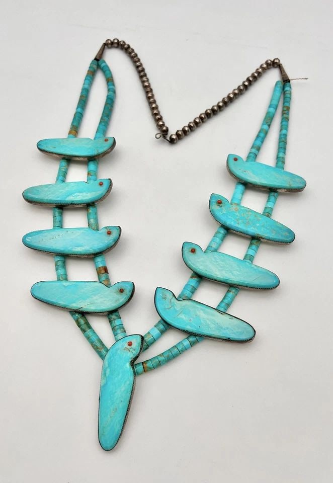 AVA MARIE CORIZ SANTO DOMINGO KEWA TURQUOISE HEISHI STERLING BIRD NECKLACE 32" (1 of 2)