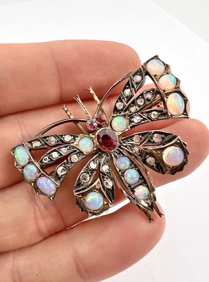 ANTIQUE 1850 VICTORIAN ROSE CUT DIAMOND RUBY OPAL GOLD BUTTERFLY BROOCH PENDANT (1 of 2)