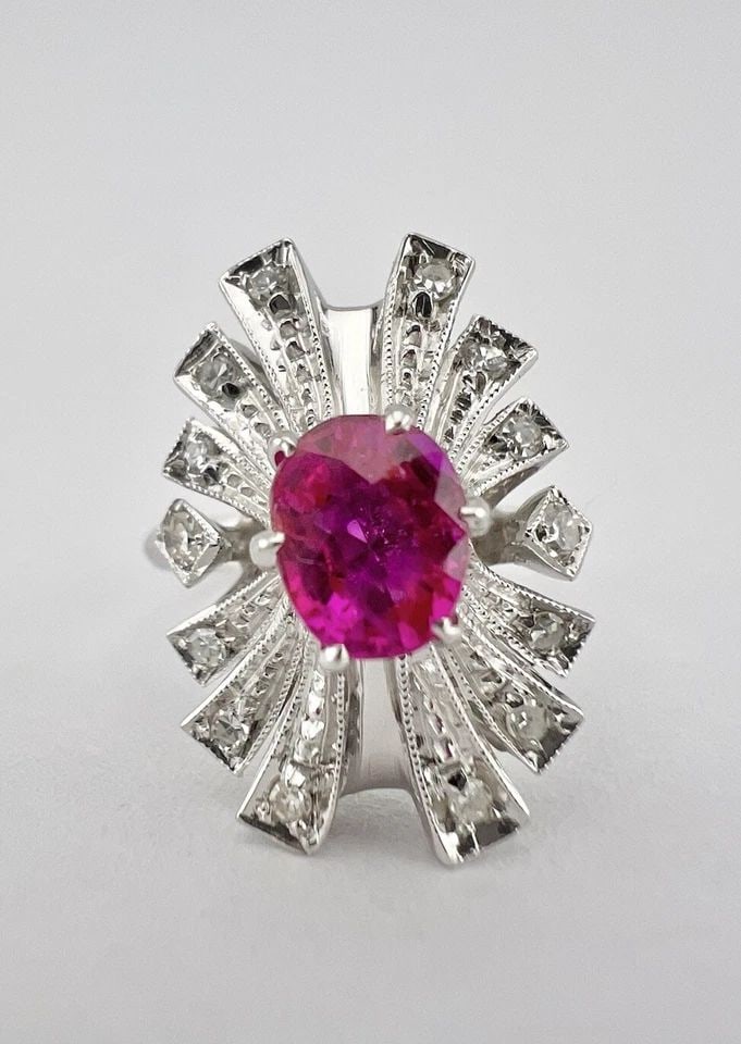 ART DECO 18K WHITE GOLD BURMESE PINK RUBY & OLD CUT ROUND DIAMOND BALLERINA RING (1 of 2)