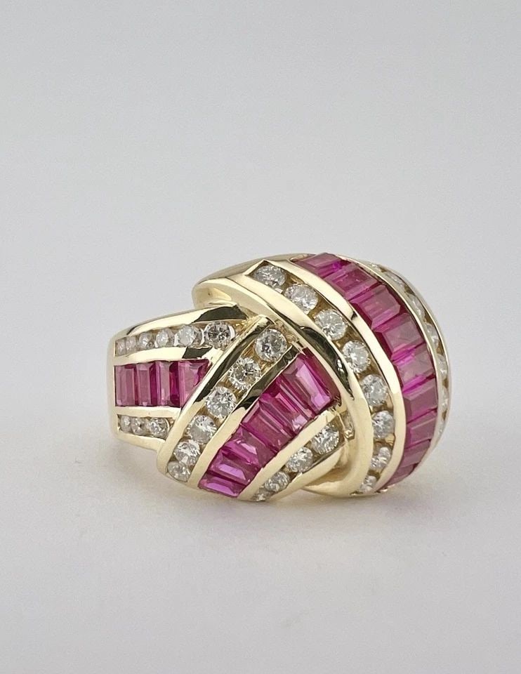 DESIGNER EFFY 14K YELLOW GOLD BAGUETTE RUBY & ROUND DIAMOND KNOTT TWIST RING 9G (1 of 2)