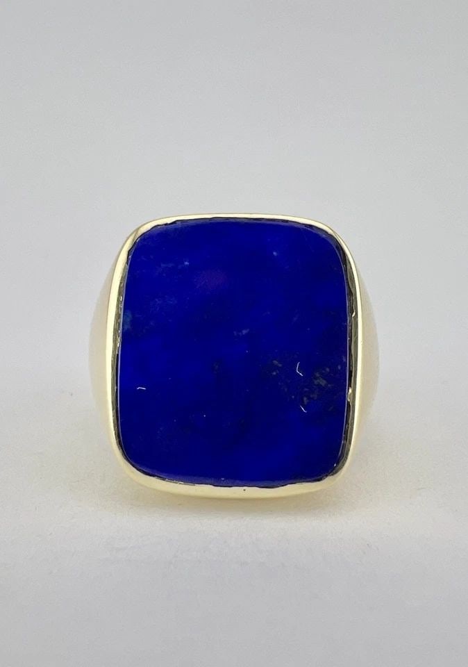 VINTAGE 14K YELLOW GOLD NATURAL BLUE LAPIS LAZULI CHUNKY MEN'S SIGNET RING 11.4G (1 of 2)