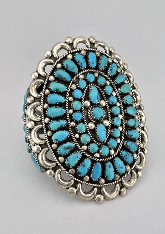 3.5" FANNIE ONDELACY ZUNI STERLING LONE MOUNTAIN TURQUOISE CUFF BRACELET 90.6G (1 of 2)