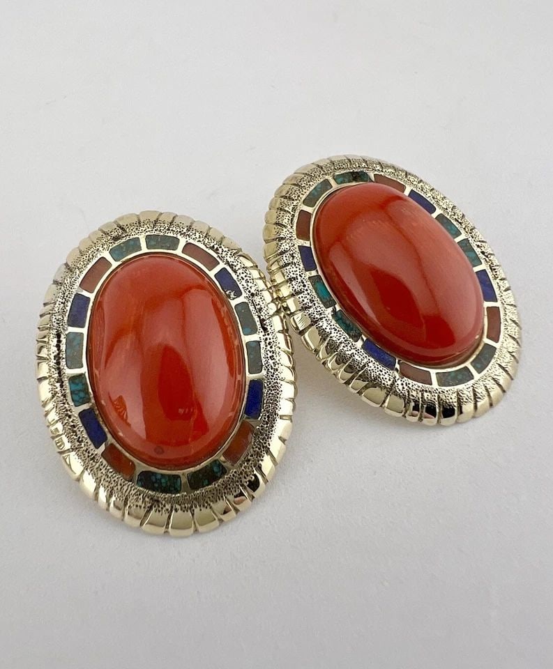 VTG NAVAJO 14K GOLD NATURAL MEDITERRANEAN RED CORAL & BISBEE TURQUOISE EARRINGS (1 of 2)