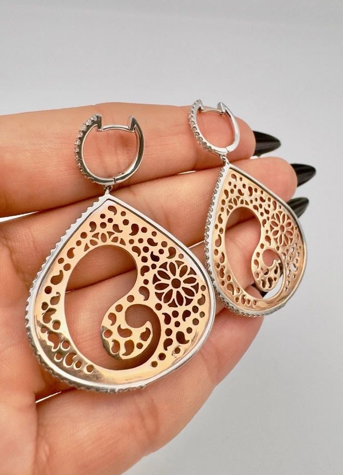 DESIGNER 14K WHITE & ROSE GOLD PAVE DIAMOND FILIGREE POST DANGLE EARRINGS (1 of 2)