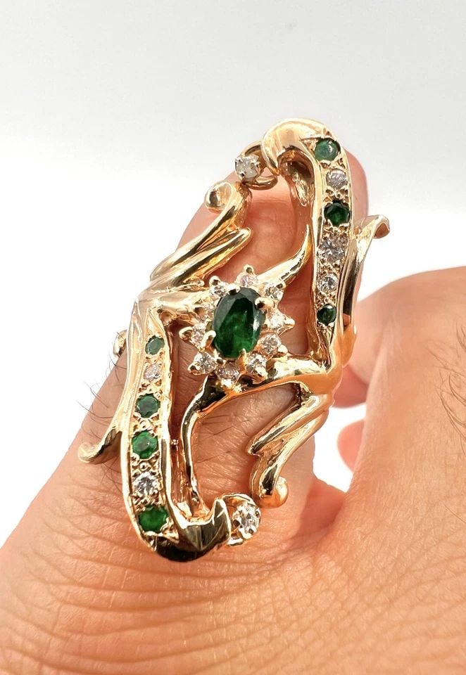 ESTATE VINTAGE 14K YELLOW GOLD DIAMOND & EMERALD BYPASS FILIGREE WAVE RING 13.1G (1 of 2)