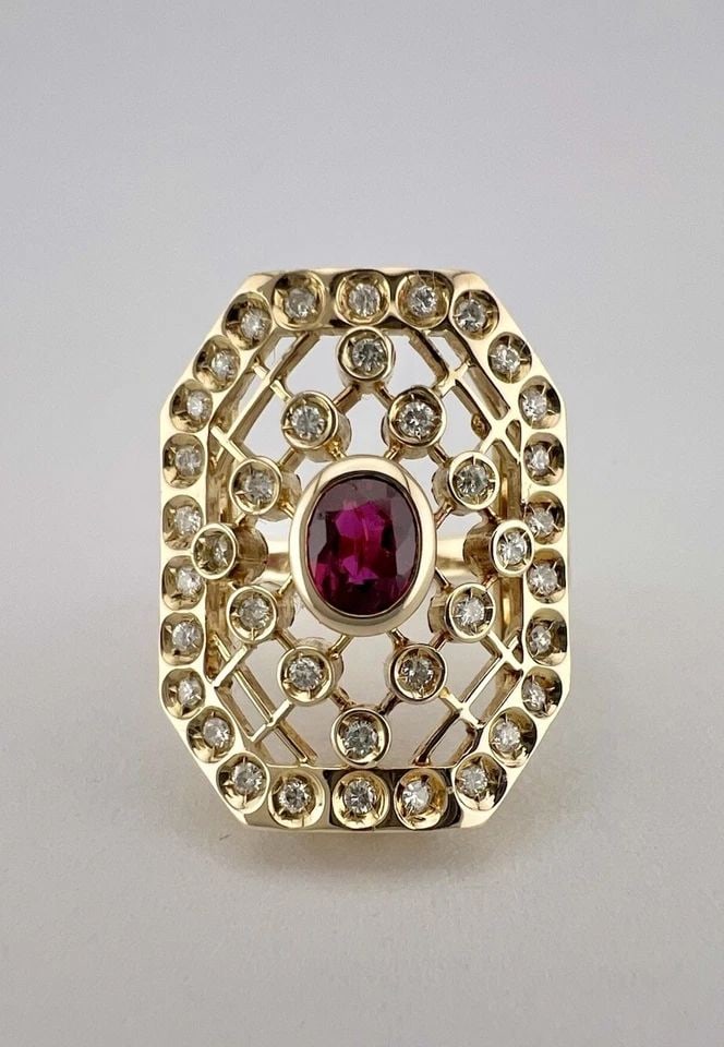 ANTIQUE ART DECO 14K YELLOW GOLD NATURAL OVAL RUBY & DIAMOND LACE DESIGN RING (1 of 2)