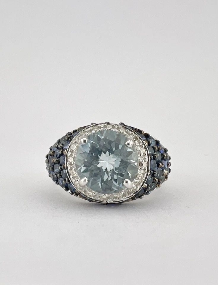 DESIGNER 14K WHITE GOLD AQUAMARINE & BLUE SAPPHIRE & DIAMOND PAVE SET BAND RING (1 of 2)