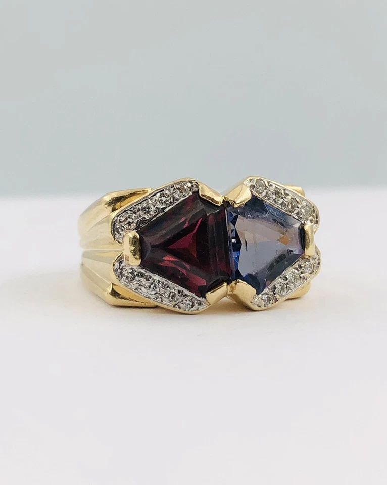 DESIGNER 14K YELLOW GOLD NATURAL RHODOLITE GARNET & TANZANITE & DIAMOND RING (1 of 2)