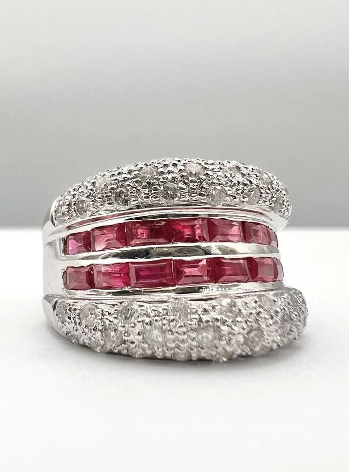 DESIGNER 14K WHITE GOLD 5.25TCW EMERALD CUT RUBY & PAVE DIAMOND RING 10.5G (1 of 2)