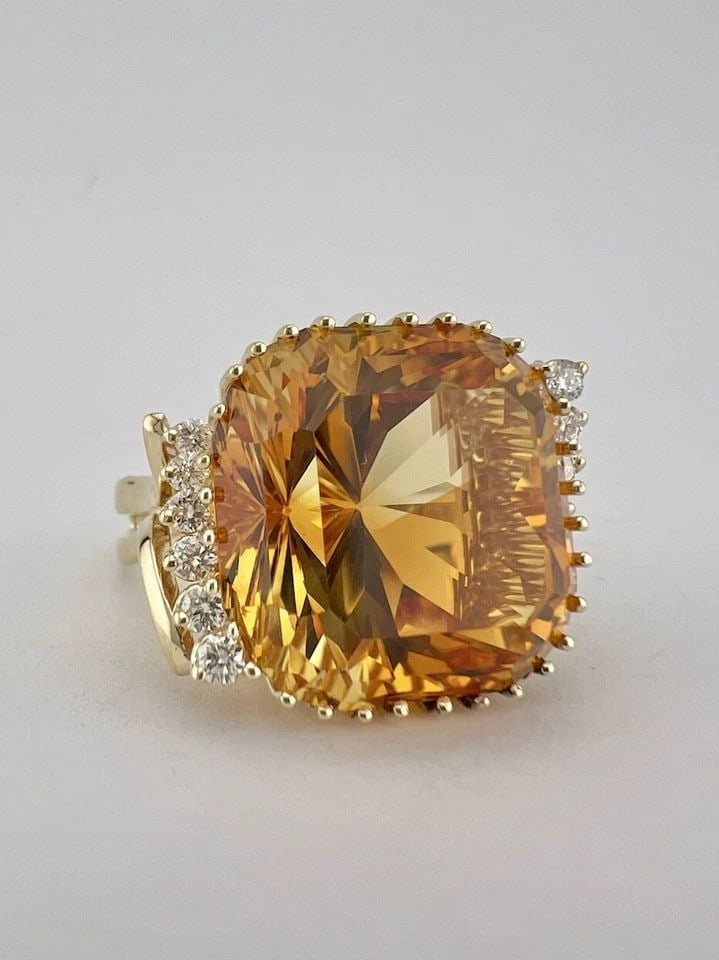 HUGE DESIGNER 14K YELLOW GOLD 26CT FANCY CUT ASSCHER CUT CITRINE & DIAMOND RING (1 of 2)