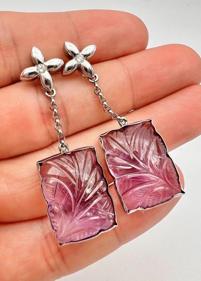 DESIGNER 14K WHITE GOLD DIAMOND & CARVED AMETHYST DANGLE FLOWER EARRINGS 13.2G (1 of 2)